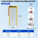 THOR 8050115 3.7V 5800mAh LiPo battery dimension drawing showing T×W×L = 8.0 × 50 × 117 mm (with PCM) and 2-pin connector polarity