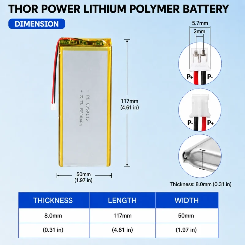 THOR 8050115 3.7V 5800mAh LiPo battery dimension drawing showing T×W×L = 8.0 × 50 × 117 mm (with PCM) and 2-pin connector polarity