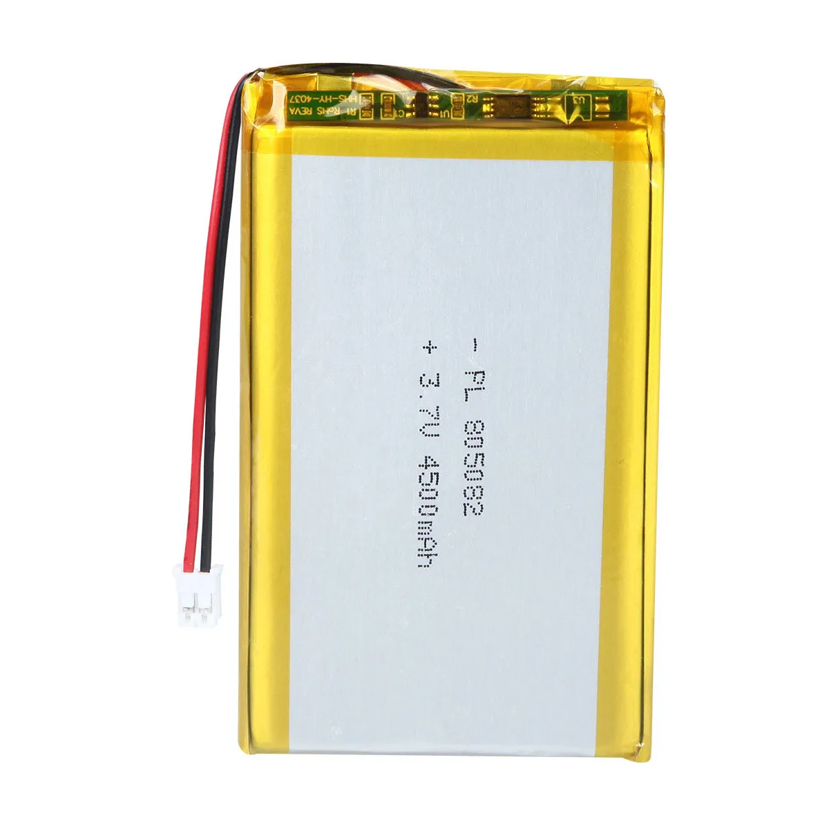 thor-805082-lithium-polymer-battery THOR 805082 3.7V 4500mAh lithium polymer battery with PCM protection, red and black lead wires, and 2-pin connector