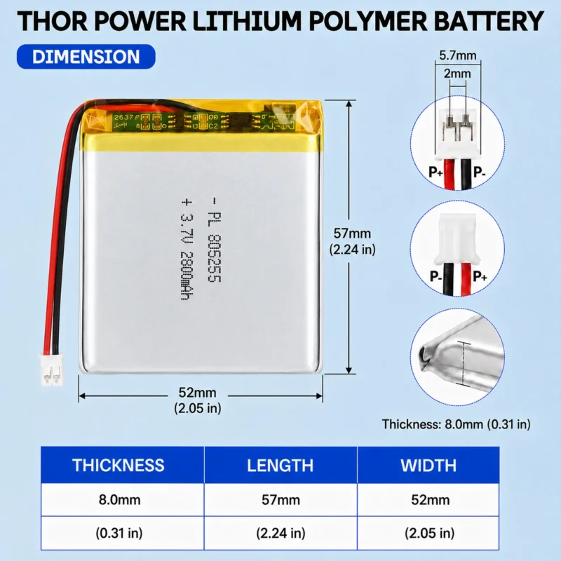 THOR 805255 3.7V 2800mAh LiPo battery dimension drawing showing T×W×L = 8.0 × 52 × 57 mm (with PCM) and 2-pin connector polarity