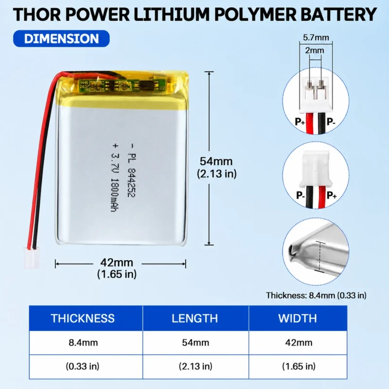 THOR 844252 3.7V 1800mAh LiPo battery dimension drawing showing T×W×L = 8.4 × 42 × 54 mm (with PCM) and 2-pin connector polarity