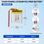 THOR 852730 3.7V 650mAh LiPo battery dimension drawing showing T×W×L = 8.5 × 27 × 32 mm (with PCM) and 2-pin connector polarity