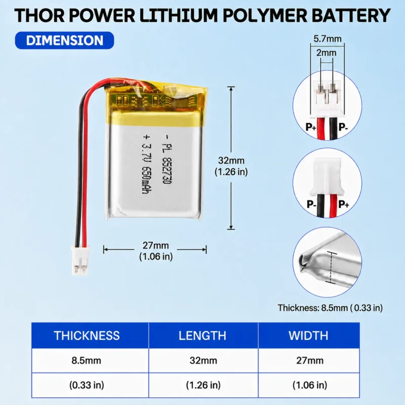 THOR 852730 3.7V 650mAh LiPo battery dimension drawing showing T×W×L = 8.5 × 27 × 32 mm (with PCM) and 2-pin connector polarity