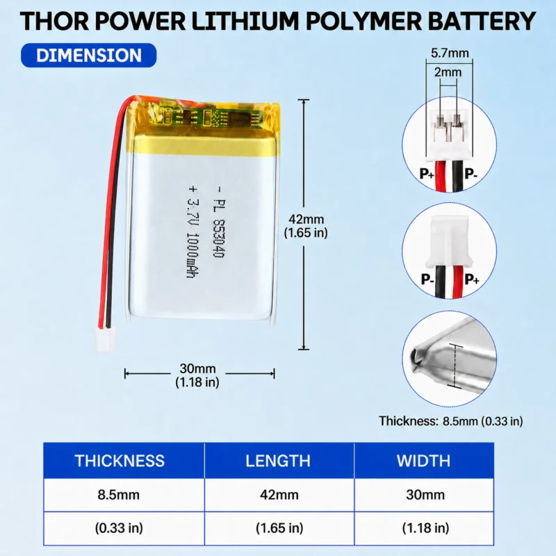 THOR 853040 3.7V 1000mAh LiPo battery dimension drawing showing T×W×L = 8.5 × 30 × 42 mm (with PCM) and 2-pin connector polarity