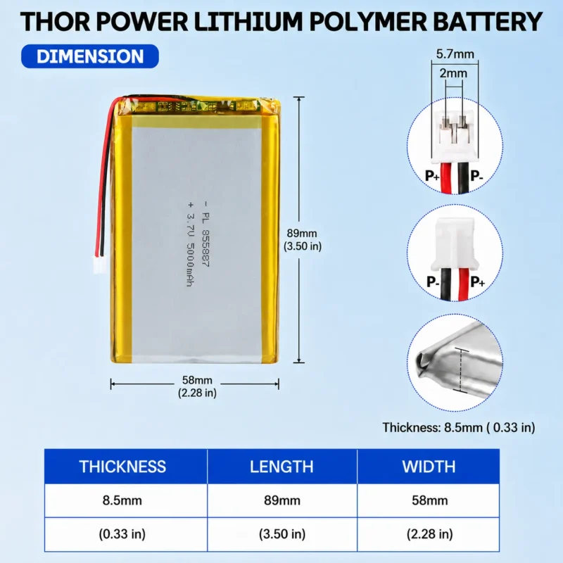 THOR 855887 3.7V 5000mAh LiPo battery dimension drawing showing T×W×L = 8.5 × 58 × 89 mm (with PCM) and 2-pin connector polarity