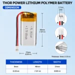THOR 902144 3.7V 850mAh LiPo battery dimension drawing showing T×W×L = 9.0 × 21 × 46 mm (with PCM) and 2-pin connector polarity