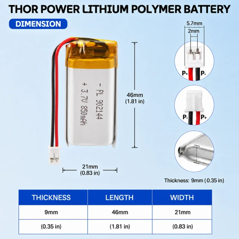 THOR 902144 3.7V 850mAh LiPo battery dimension drawing showing T×W×L = 9.0 × 21 × 46 mm (with PCM) and 2-pin connector polarity