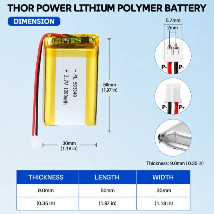 THOR 903048 3.7V 1200mAh LiPo battery dimension drawing showing T×W×L = 9.0 × 30 × 50 mm (with PCM) and 2-pin connector polarity