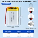 THOR 903450 3.7V 1500mAh LiPo battery dimension drawing showing T×W×L = 9.0 × 34 × 52 mm (with PCM) and 2-pin connector polarity