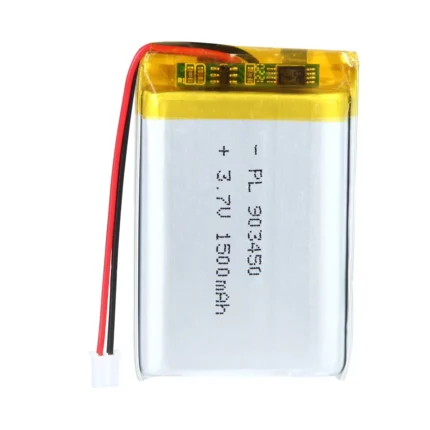 THOR 903450 3.7V 1500mAh lithium polymer battery with PCM protection, red and black lead wires, and 2-pin connector