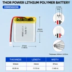 THOR 903742 3.7V 1600mAh LiPo battery dimension drawing showing T×W×L = 9.0 × 37 × 44 mm (with PCM) and 2-pin connector polarity