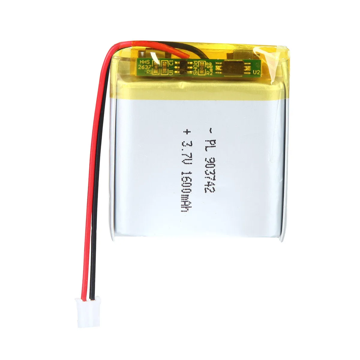 thor-903742-lithium-polymer-battery THOR 903742 3.7V 1600mAh lithium polymer battery with PCM protection, red and black lead wires, and 2-pin connector