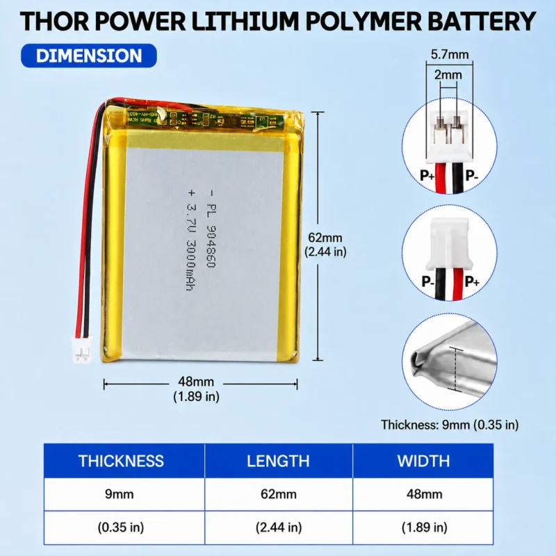 THOR 904860 3.7V 3000mAh LiPo battery dimension drawing showing T×W×L = 9.0 × 48 × 62 mm (with PCM) and 2-pin connector polarity
