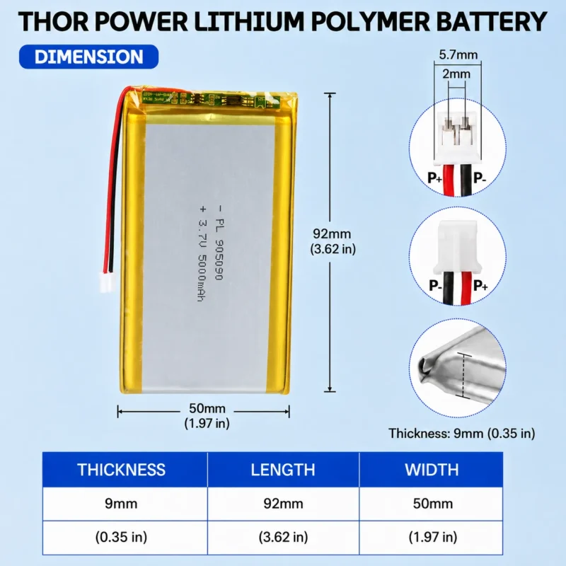 THOR 905090 3.7V 5000mAh LiPo battery dimension drawing showing T×W×L = 9.0 × 50 × 92 mm (with PCM) and 2-pin connector polarity