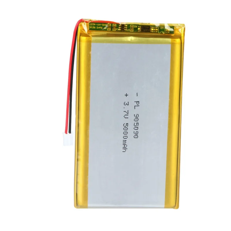 THOR 905090 3.7V 5000mAh lithium polymer battery with PCM protection, red and black lead wires, and 2-pin connector