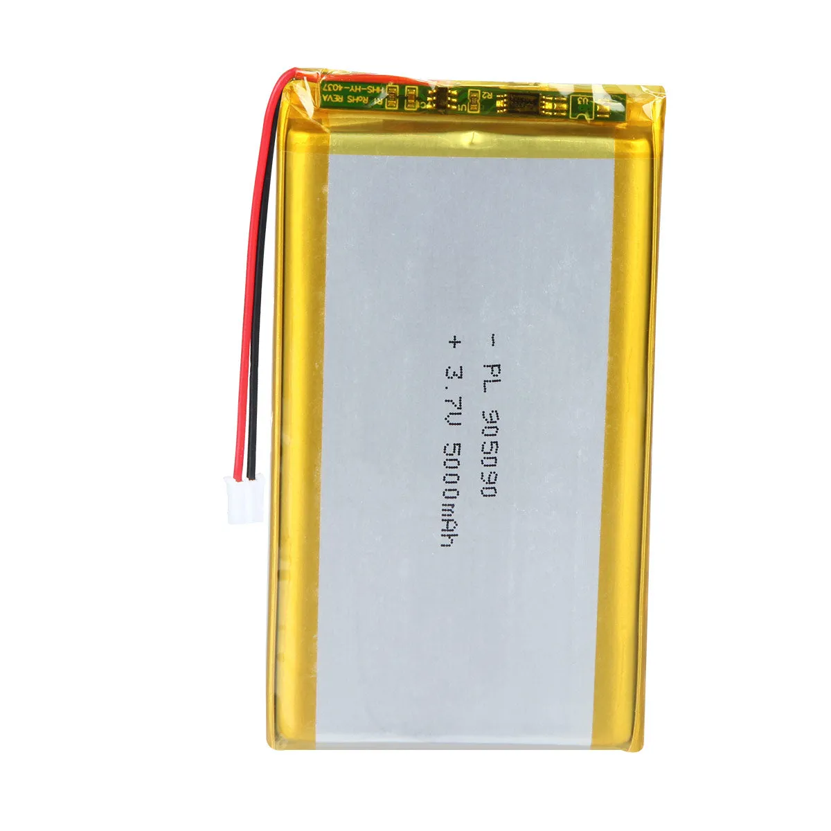 thor-905090-lithium-polymer-battery THOR 905090 3.7V 5000mAh lithium polymer battery with PCM protection, red and black lead wires, and 2-pin connector