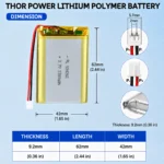 THOR 924260 3.7V 2300mAh LiPo battery dimension drawing showing T×W×L = 9.2 × 42 × 62 mm (with PCM) and 2-pin connector polarity