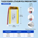 THOR 953248 3.7V 1600mAh LiPo battery dimension drawing showing T×W×L = 9.5 × 32 × 50 mm (with PCM) and 2-pin connector polarity