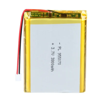 THOR 955070 3.7V 3800mAh lithium polymer battery with PCM protection, red and black lead wires, and 2-pin connector
