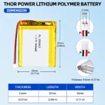 THOR 955565 3.7V 5000mAh LiPo battery dimension drawing showing T×W×L = 9.5 × 55 × 67 mm (with PCM) and 2-pin connector polarity