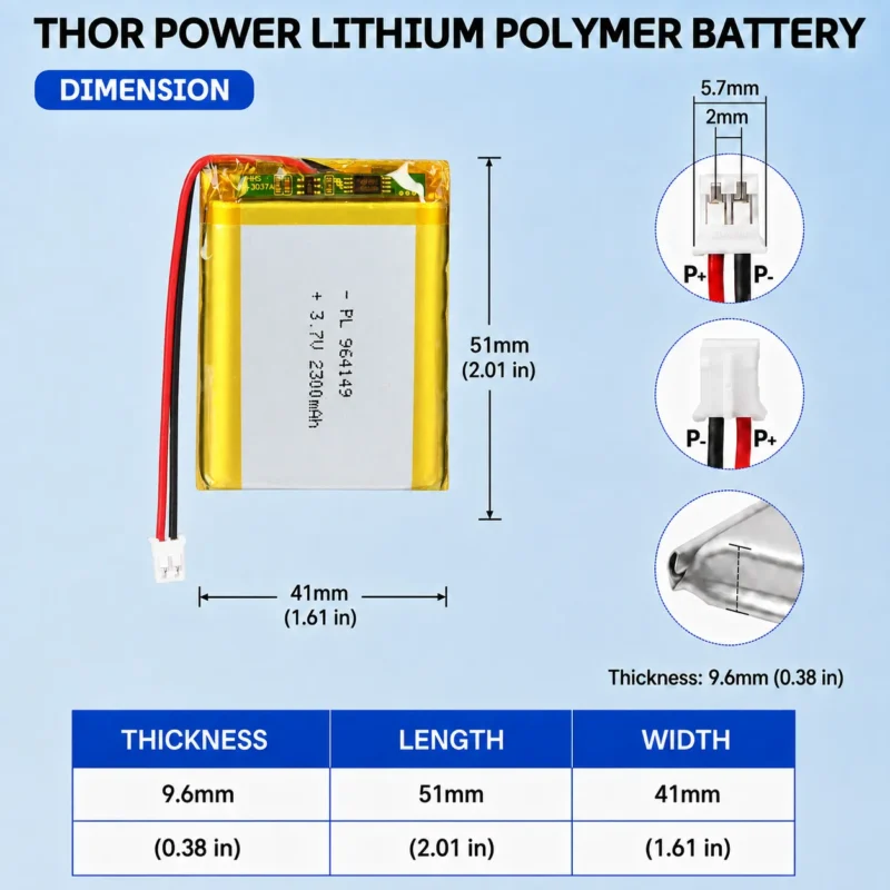 THOR 964149 3.7V 2300mAh LiPo battery dimension drawing showing T×W×L = 9.6 × 41 × 51 mm (with PCM) and 2-pin connector polarity