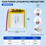THOR 973742 3.7V 1800mAh LiPo battery dimension drawing showing T×W×L = 9.7 × 37 × 44 mm (with PCM) and 2-pin connector polarity
