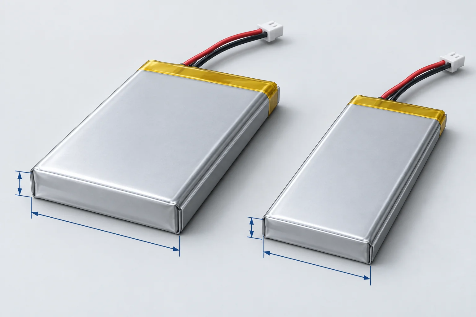 Conceptual comparison of a wider thicker LiPo pouch battery and a slimmer narrower pouch battery