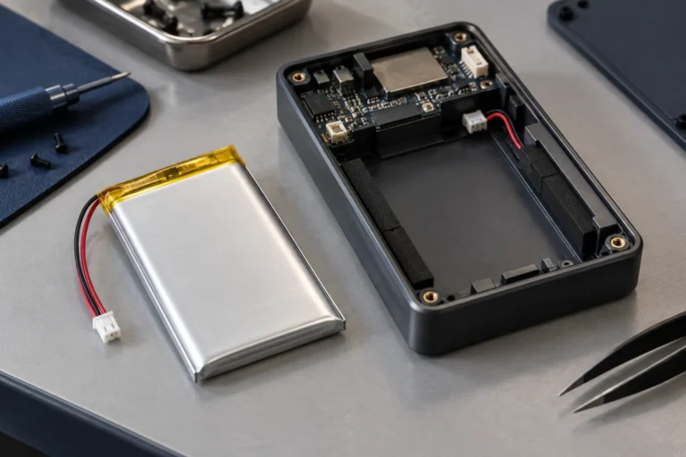 Illustration of a LiPo pouch battery beside a compact device cavity, showing available finished-pack space