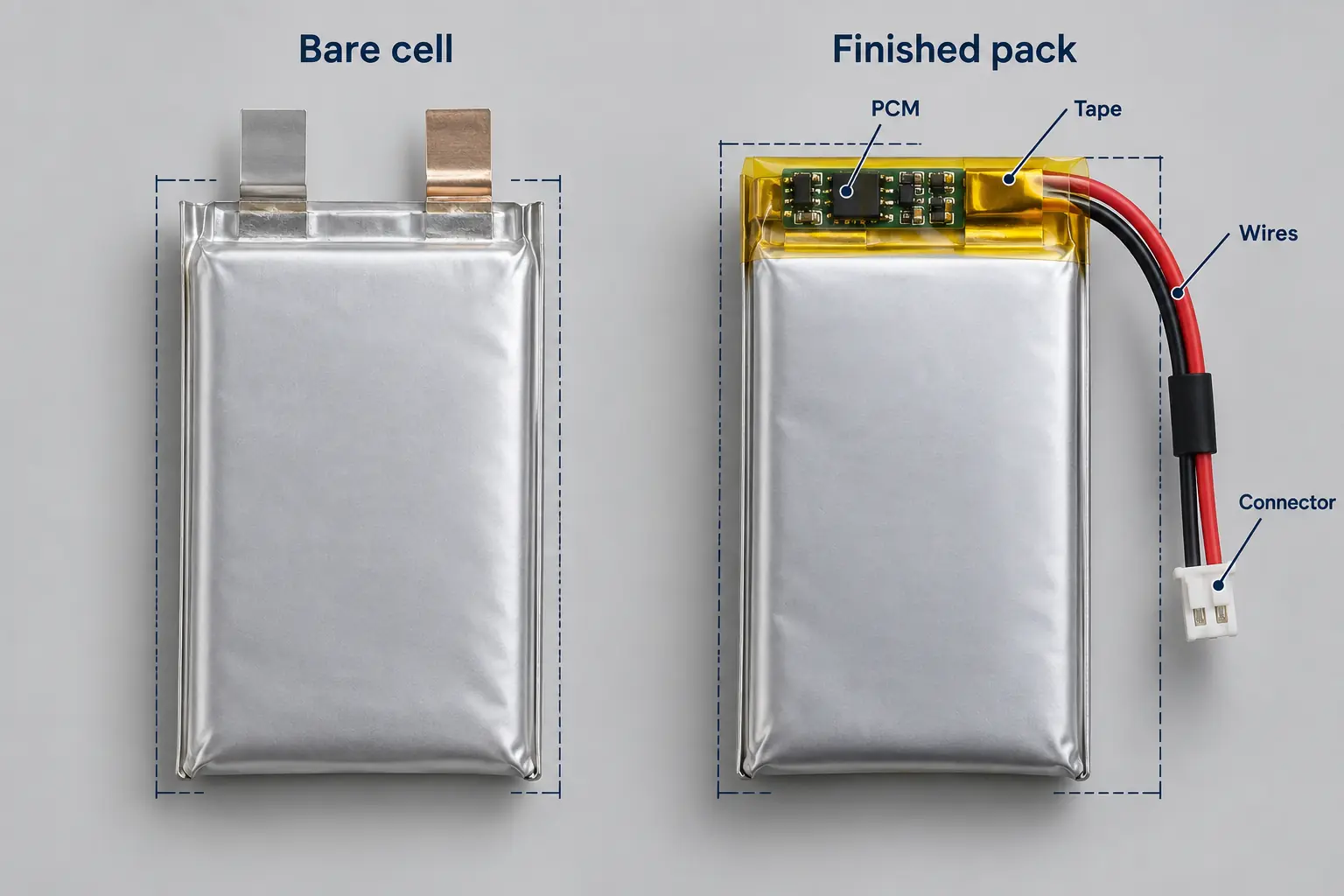 Bare LiPo pouch cell versus finished battery pack dimensions with PCM tabs tape wires and connector