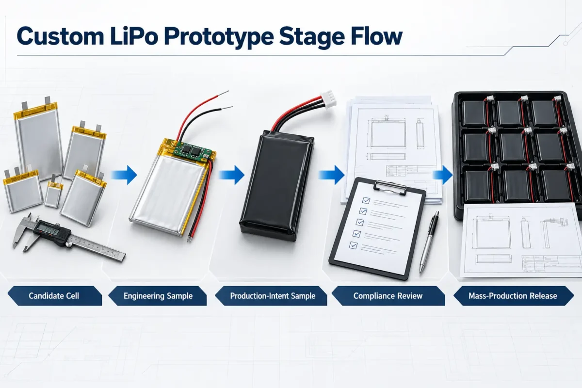 Custom LiPo battery prototype stages from candidate cell to mass production