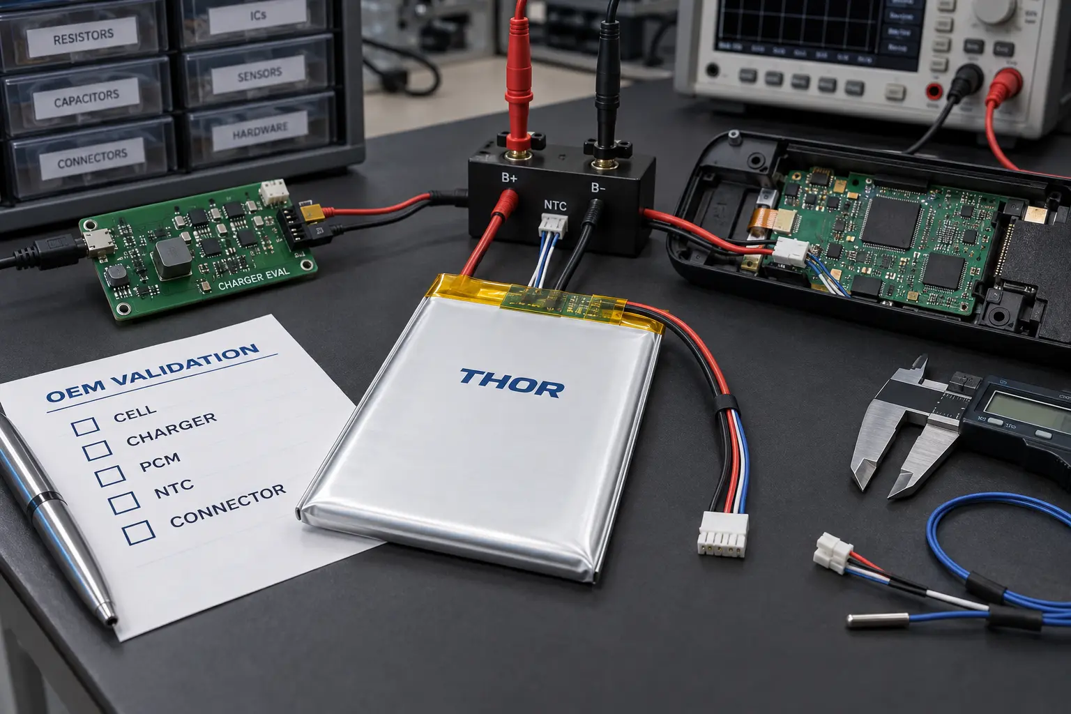 Custom 5000mAh LiPo battery PCM connector and charger validation for OEM replacement