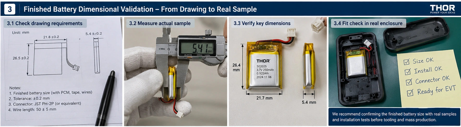 Custom LiPo battery finished-size inspection with dimensional fixture, connector and wire-routing check