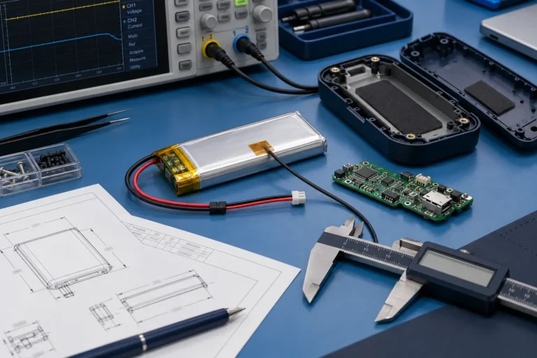 Custom LiPo battery prototype being reviewed with device PCB and engineering drawing