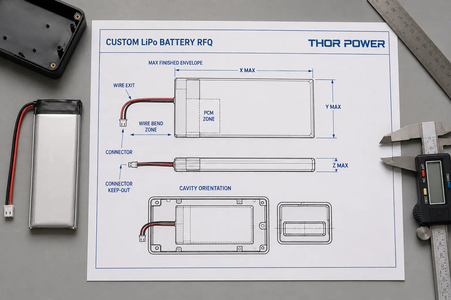 OEM custom LiPo battery RFQ drawing with finished size connector and wire exit