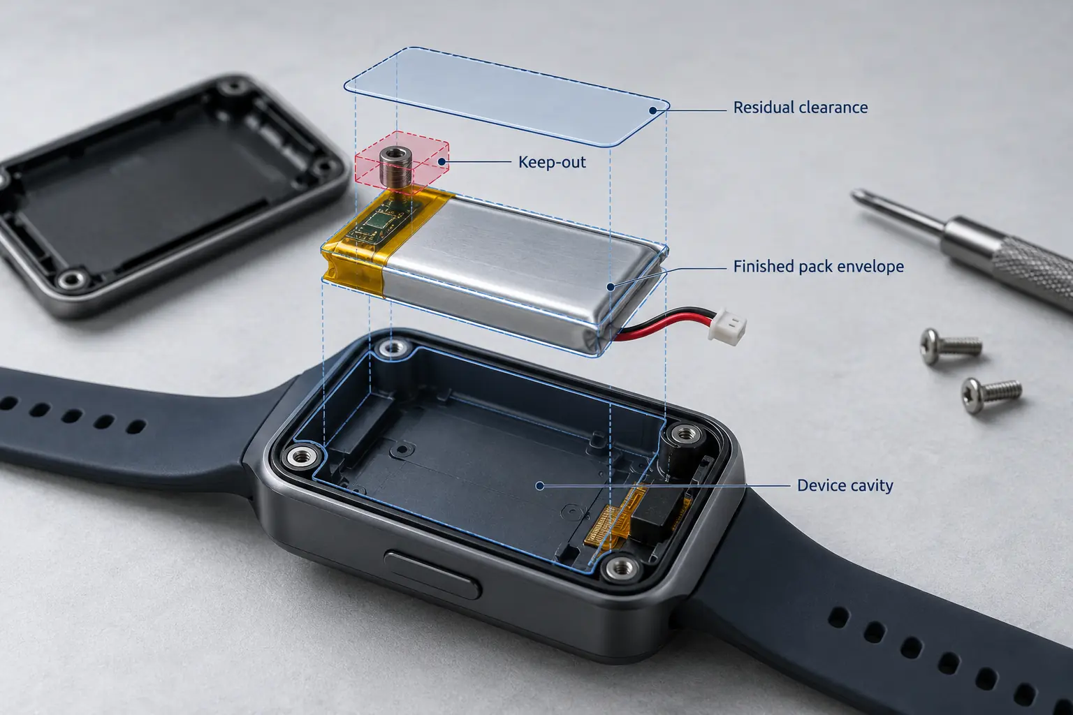 LiPo battery dimensions workflow from device cavity to maximum finished pack envelope, local keep-outs and residual clearance