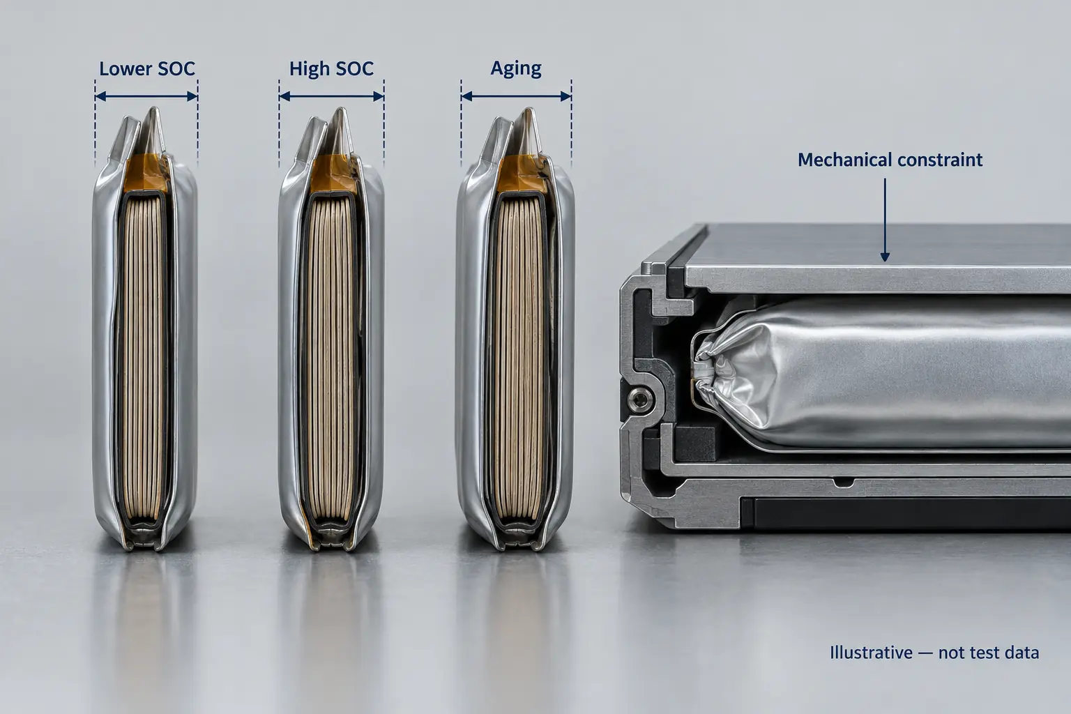 LiPo pouch cell thickness changes with state of charge aging and mechanical constraint illustrative diagram