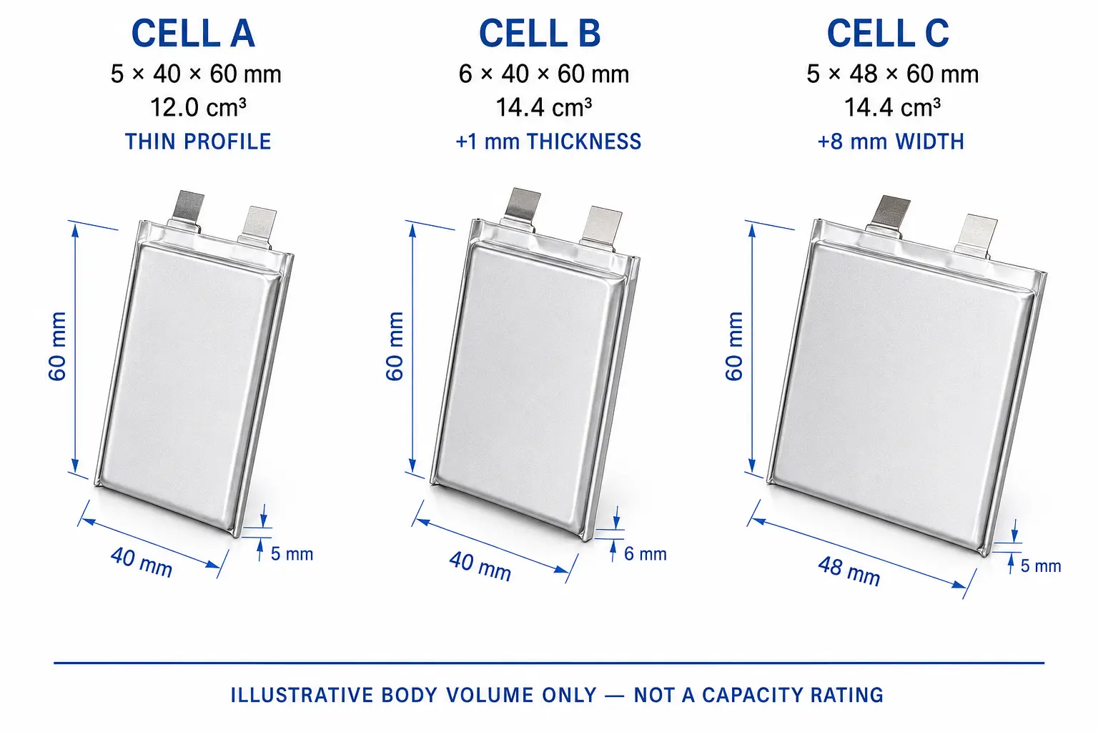 LiPo pouch cell thickness width and length trade-off for equal nominal volume