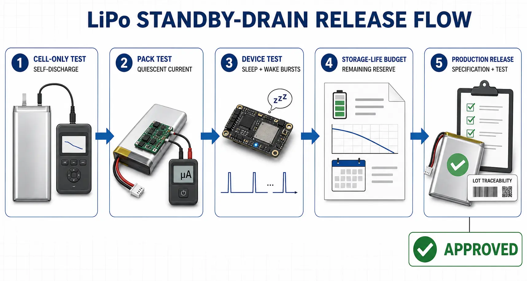 LiPo standby drain budget and production release flow for smart devices