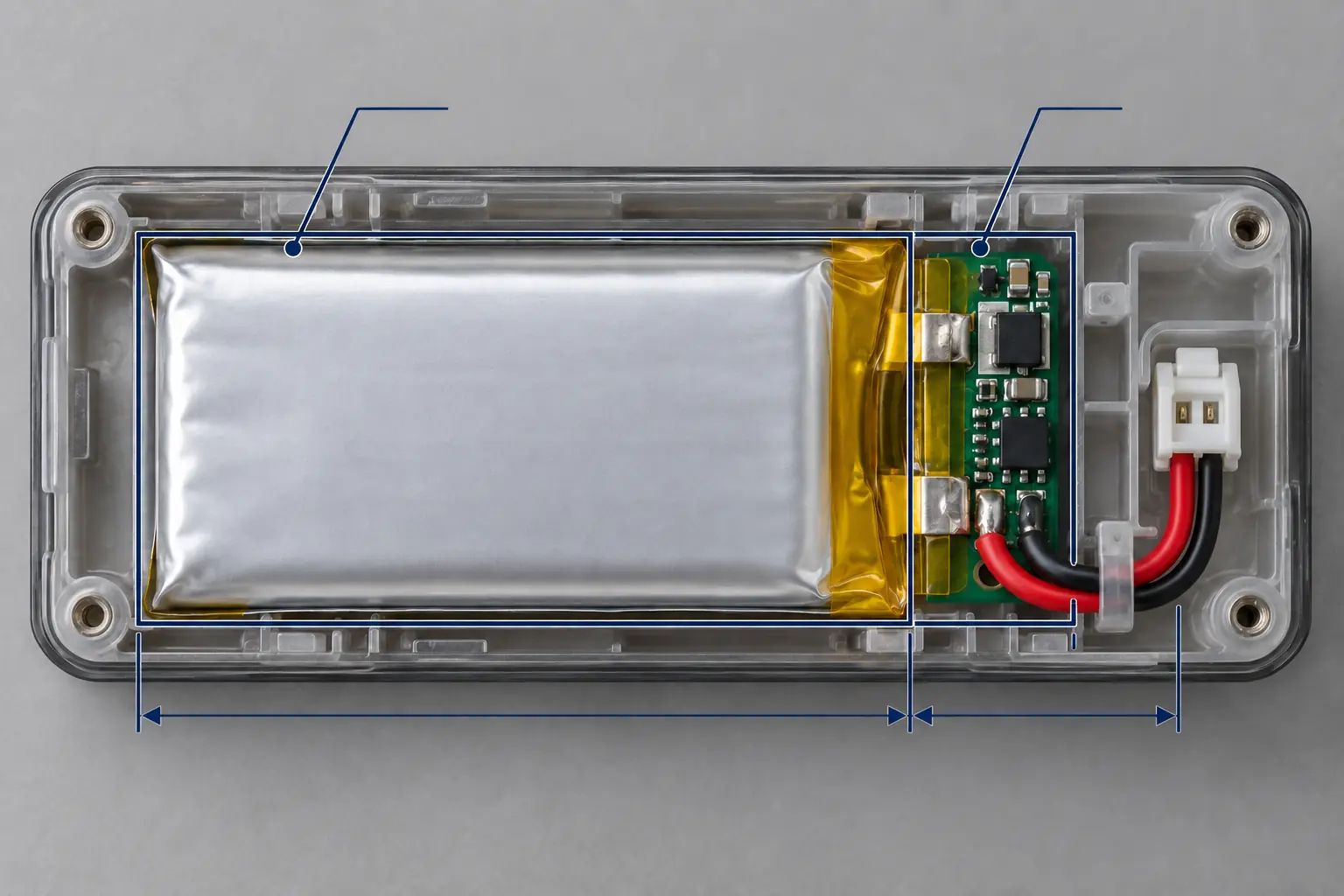 Small LiPo battery pack overhead from PCM tabs insulation wires and connector