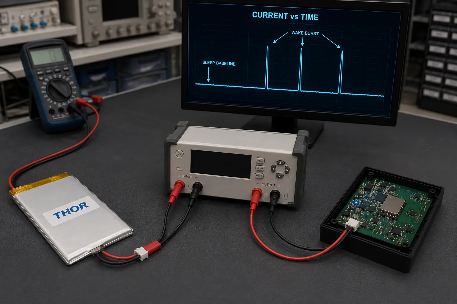 measuring sleep current and wake bursts in a smart device LiPo battery pack