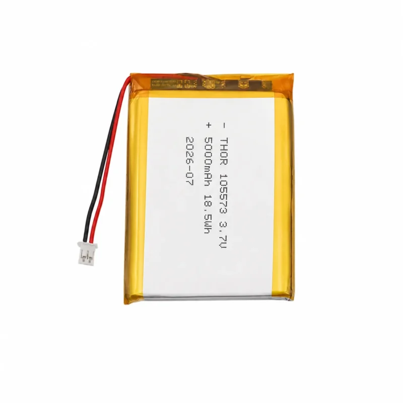 THOR 105573 3.7V 5000mAh lithium polymer battery with PCM protection, red and black lead wires, and 2-pin connector