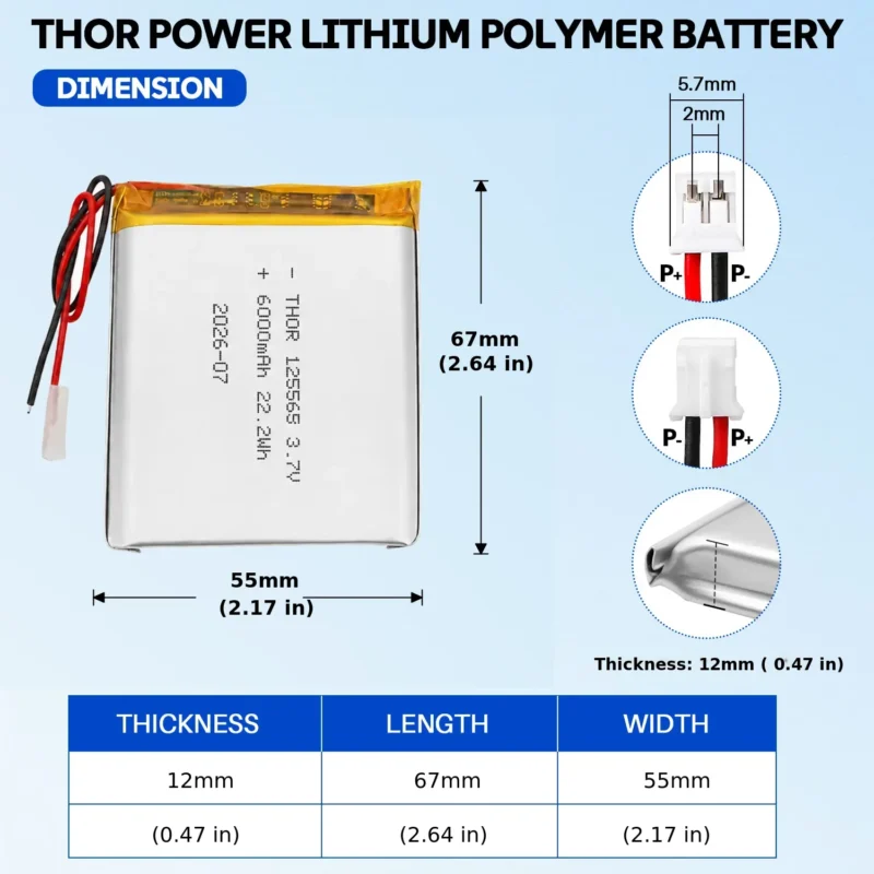 THOR 125565 3.7V 6000mAh LiPo battery dimension drawing showing T×W×L = 12 × 55 × 67 mm (with PCM) and 2-pin connector polarity