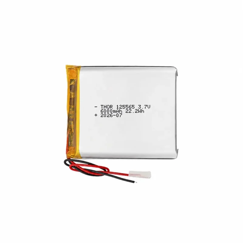 THOR 125565 3.7V 6000mAh lithium polymer battery with PCM protection, red and black lead wires, and 2-pin connector