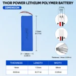 THOR 1458170 3.7V 12000mAh LiPo battery dimension drawing showing T×W×L = 14 × 58 × 172 mm (with PCM) and 2-pin connector polarity