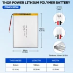 THOR 3896130 3.7V 5500mAh LiPo battery dimension drawing showing T×W×L = 3.8×96×132 mm (with PCM) and 2-pin connector polarity