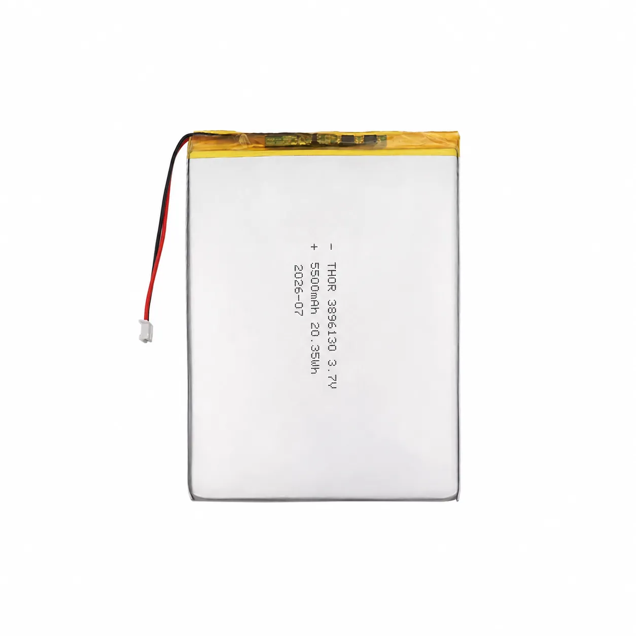 thor-3896130-lithium-polymer-battery THOR 3896130 3.7V 5500mAh lithium polymer battery with PCM protection, red and black lead wires, and 2-pin connector