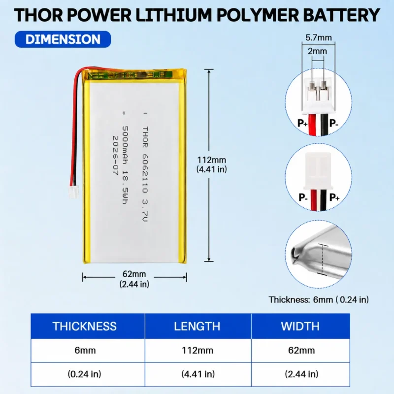 THOR 6062110 3.7V 5000mAh LiPo battery dimension drawing showing T×W×L = 6.0×62×112 mm (with PCM) and 2-pin connector polarity