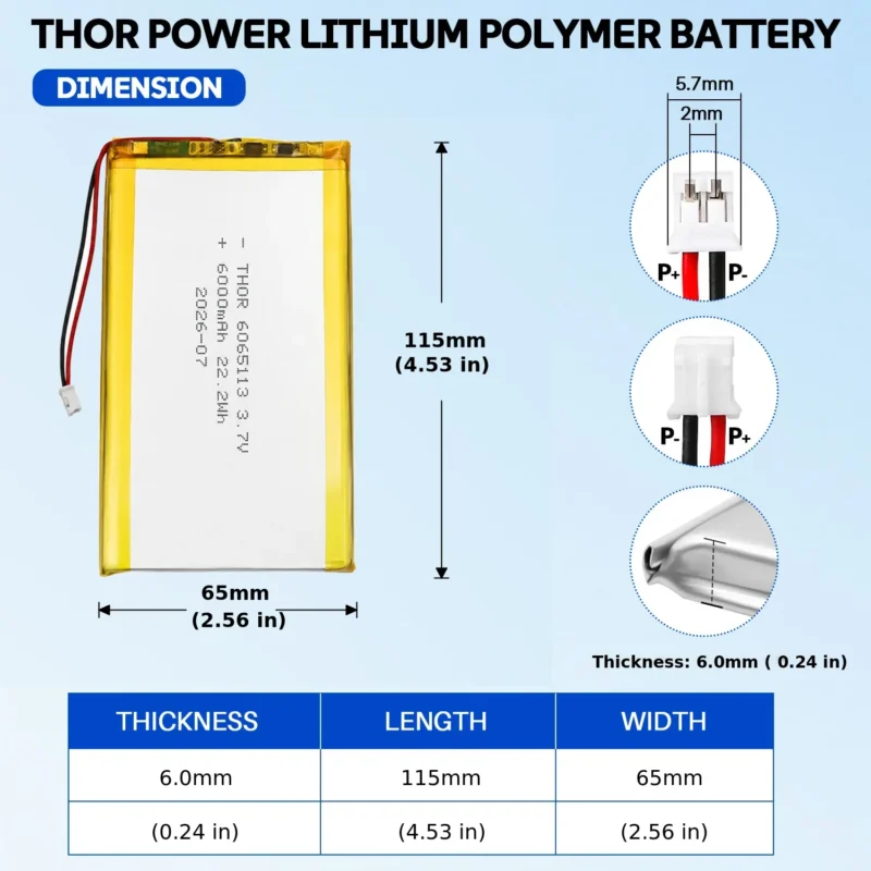 THOR 6065113 3.7V 6000mAh LiPo battery dimension drawing showing T×W×L = 6.0×65×115 mm (with PCM) and 2-pin connector polarity