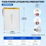THOR 6080130 3.7V 8000mAh LiPo battery dimension drawing showing T×W×L = 6.0 × 80 × 132 mm (with PCM) and 2-pin connector polarity