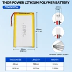 THOR 6551118 3.7V 5000mAh LiPo battery dimension drawing showing T×W×L = 6.5×51×120 mm (with PCM) and 2-pin connector polarity